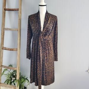 New York & Company Stretch Long Sleeve Leopard Print Tie Front Dress Size M